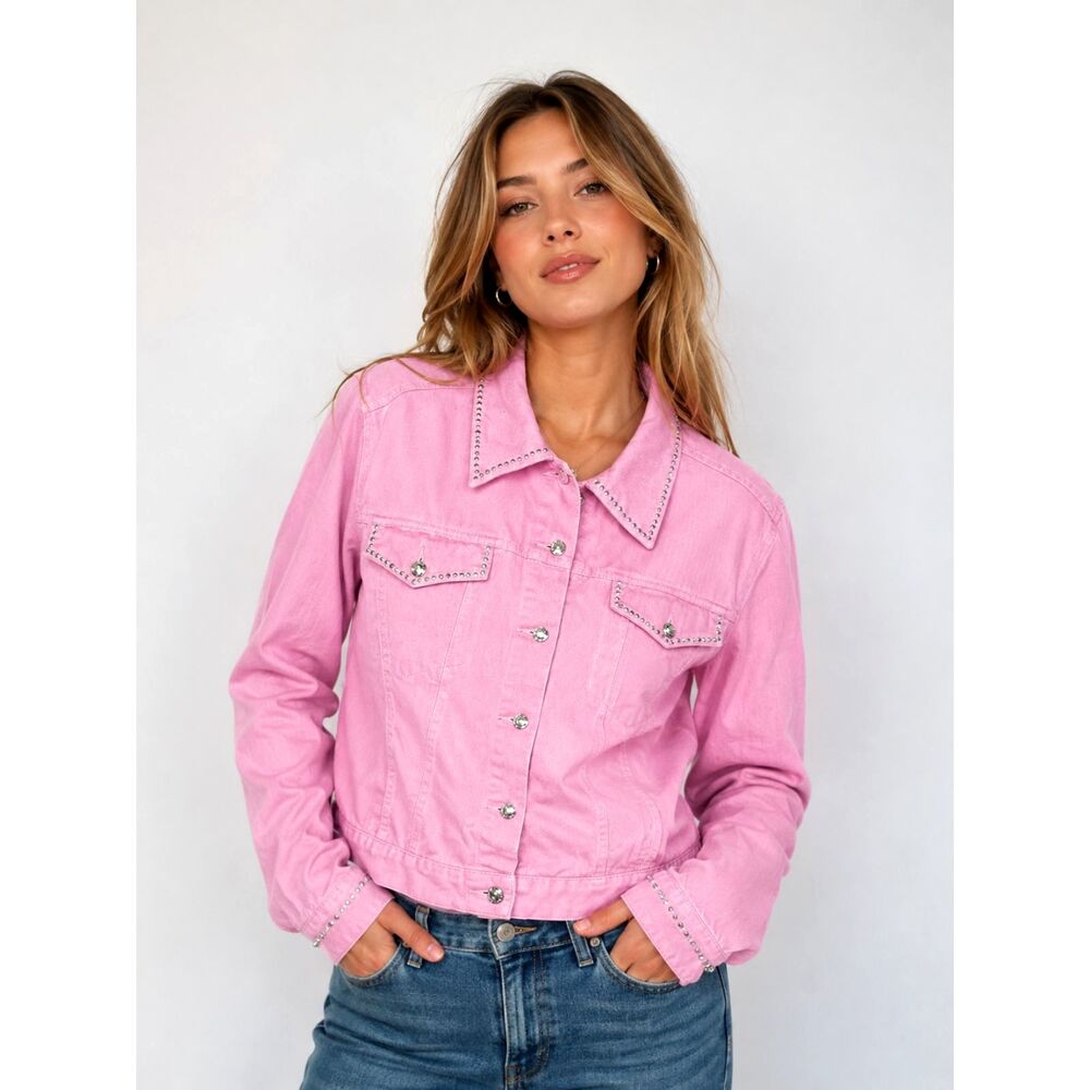 Christine Alexander Pink Denim Rhinestone Jacket Y2K Size M